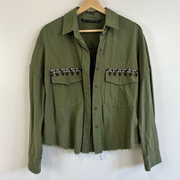 Zara Trafulac Collection Women’s XS Army Green Embroidered Button Down Shirt Top - Picture 2 of 13